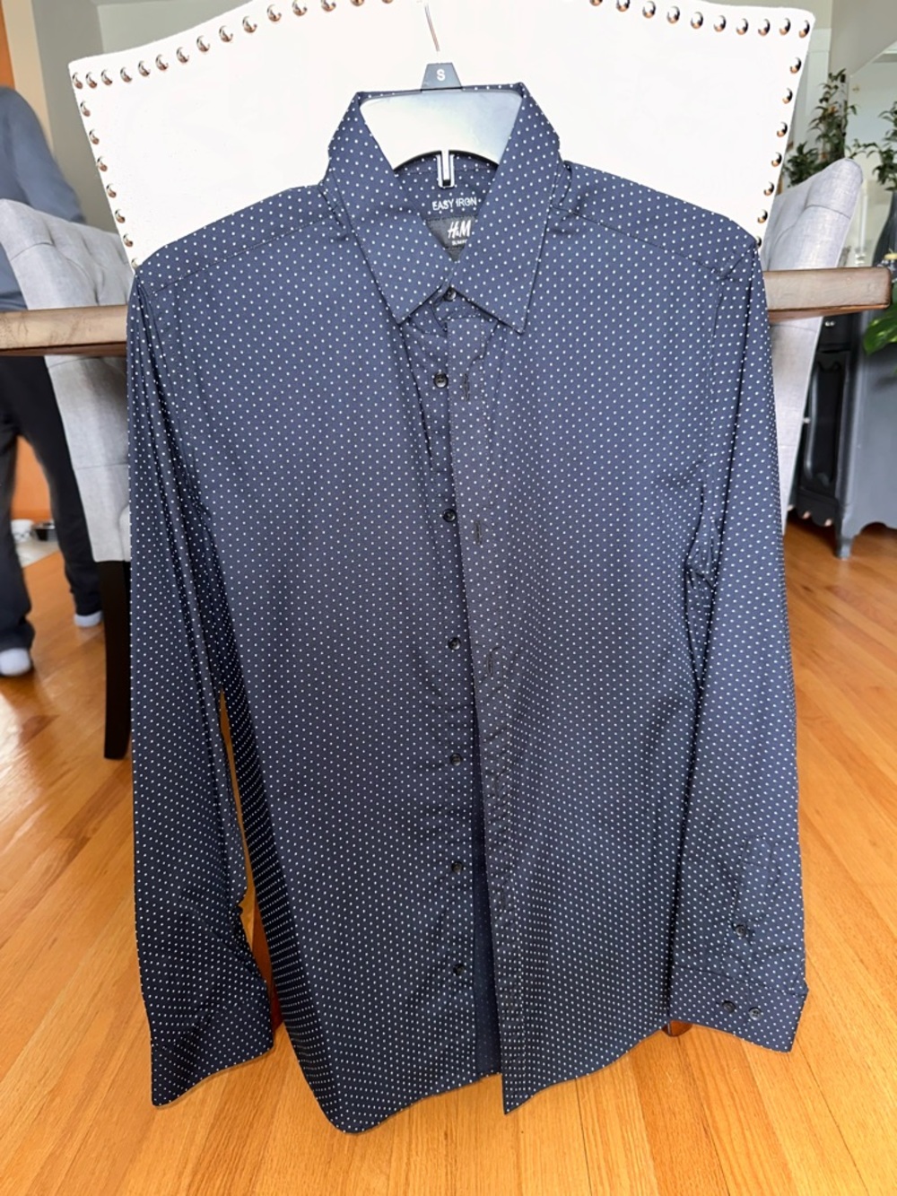 NWT Vintage H&M Men's Navy Polka Dot Long-Sleeve Shirt